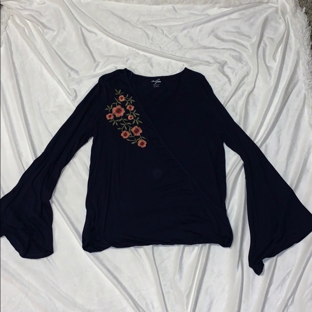 Navy color blouse with flared sleeves